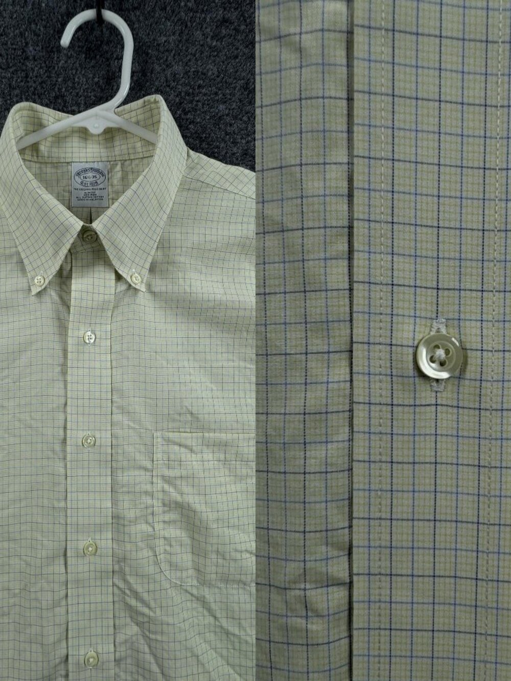 Brooks Brothers Slim Men Non-Iron Button-Down Yellow Blue 16.5 35 Check Pocket
